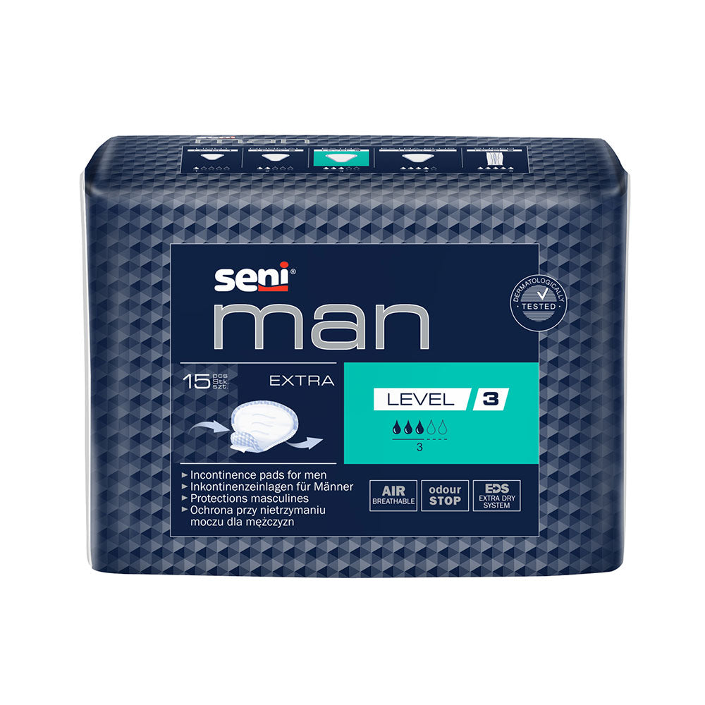 Frontalansicht einer Packung Seni Man Extra Level 3 Inkontinenzeinlage.