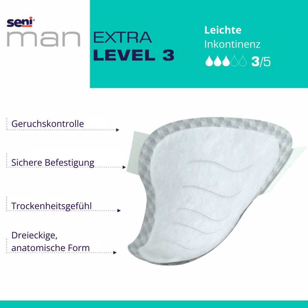 Frontalansicht einer einzeln entnommenen Seni Man Extra Level 3 Inkontinenzeinlage mit den Produkteigenschaften: Geruchskontrolle, Sichere Befestigung, Trockenheitsgefühl, anatomische Passform.