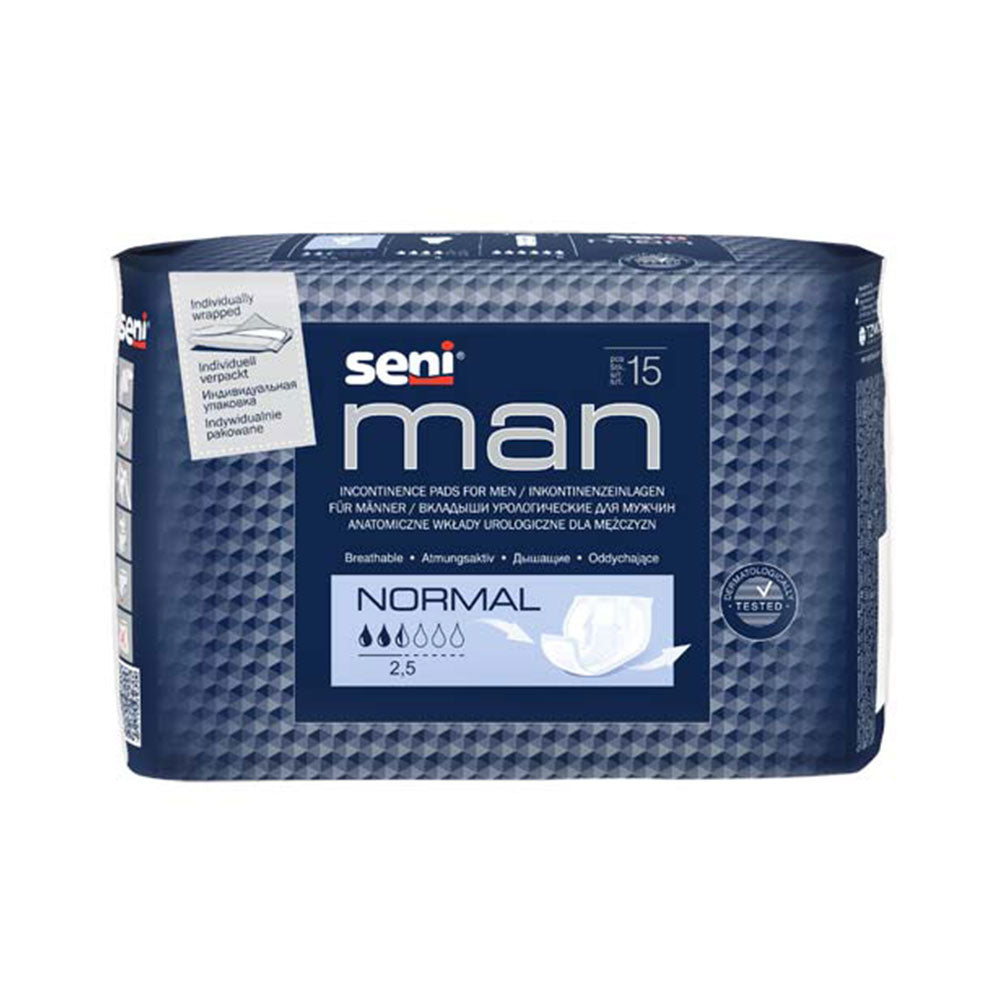Frontalansicht einer Packung Seni Man Normal Inkontinenzeinlagen.