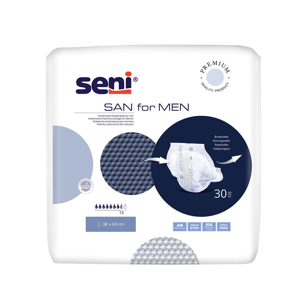 Frontalansicht einer Packung Seni San for Men Inkontinenzvorlage.