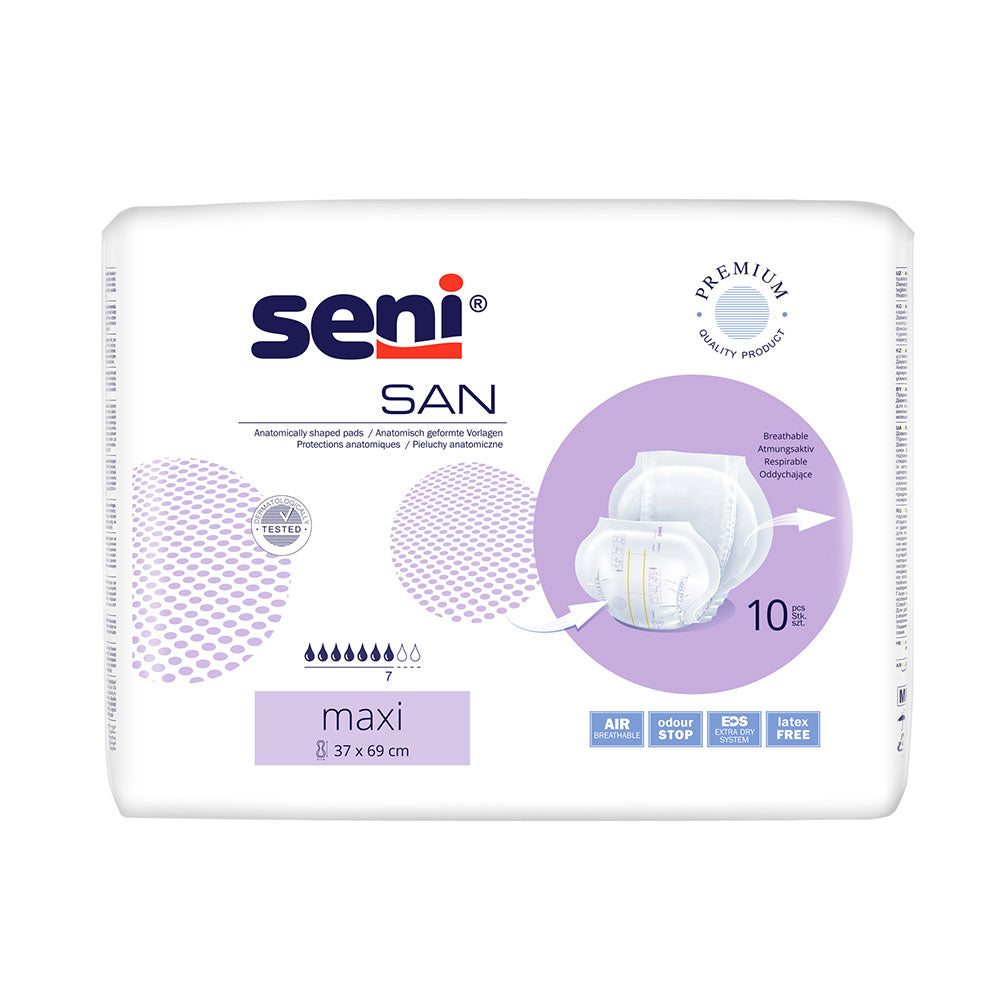 Frontalansicht einer Packung Seni San Maxi 10er Pack Inkontinenzvorlagen.