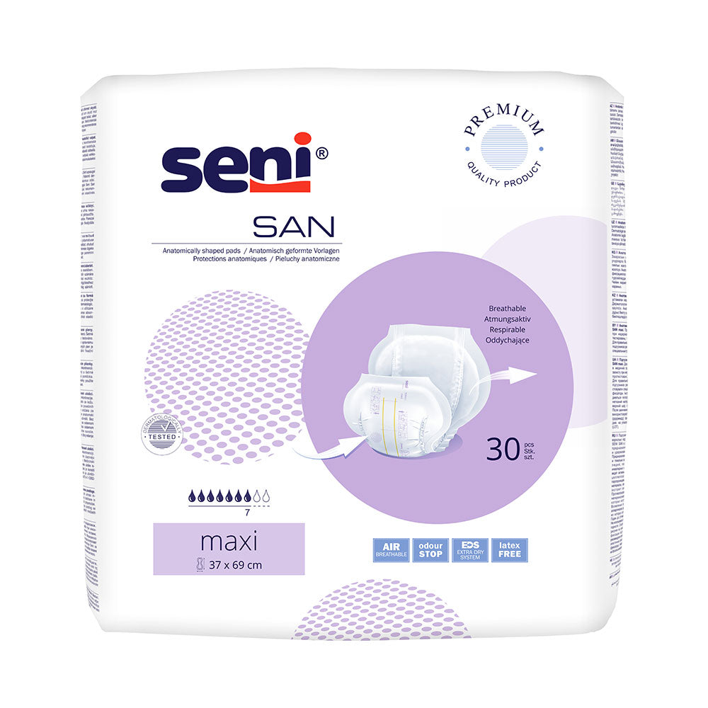 Frontalansicht einer Packung Seni San Maxi 30er Pack Inkontinenzvorlagen.