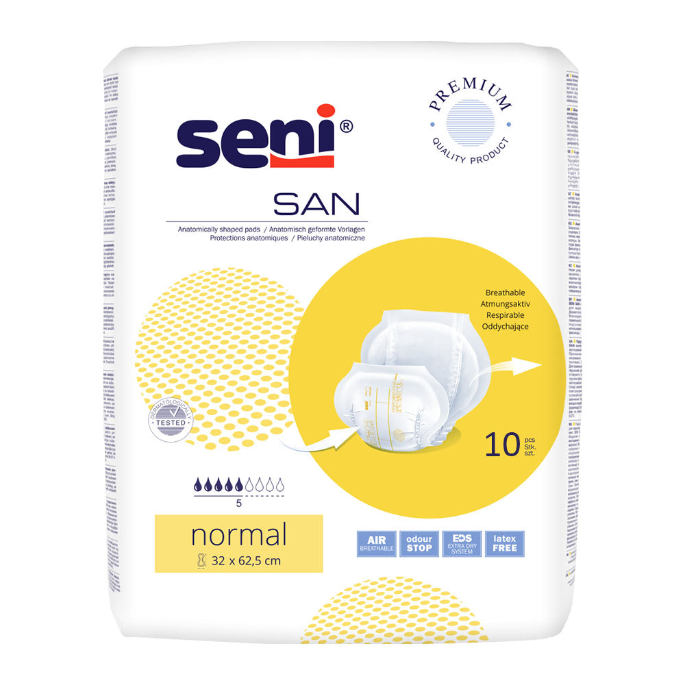 Frontalansicht der Seni San Normal Packung – hygienische Einlagen mit Saugkern