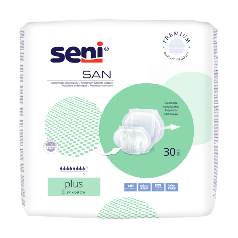 Frontalansicht einer Packung Seni San Plus 30er Pack Inkontinenzvorlagen.