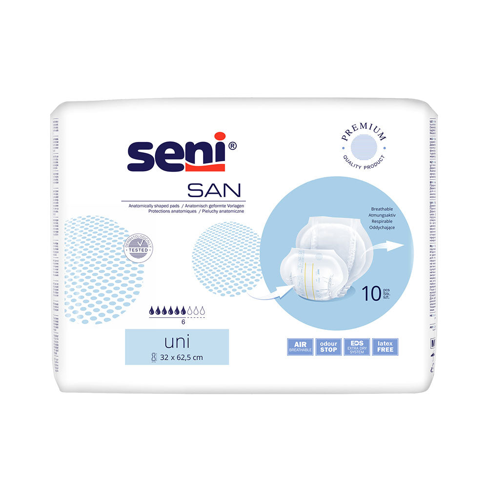 Frontalansicht einer Packung Seni San Uni 10er Pack Inkontinenzvorlagen.