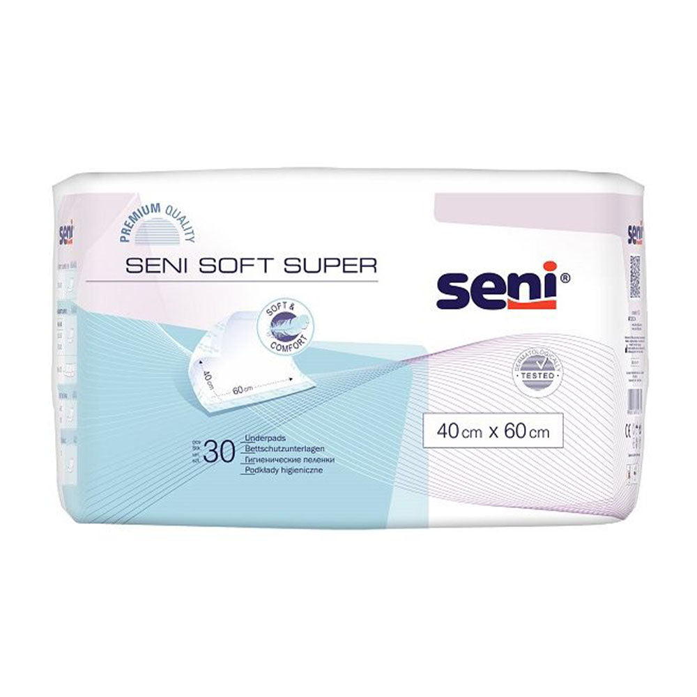 Frontalansicht einer Packung Seni Soft Super 40 x 60 cm 30er Pack.