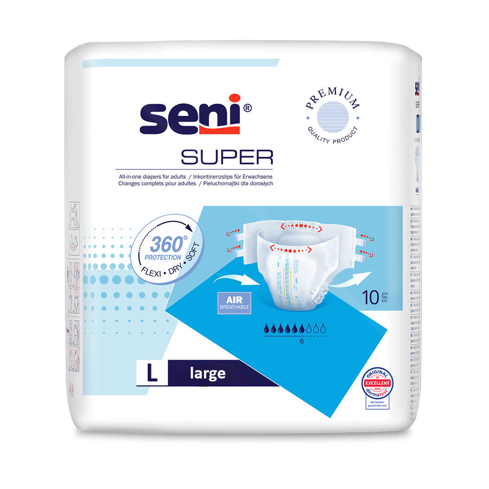 Frontalansicht einer Packung Seni Super Large 10er Pack.