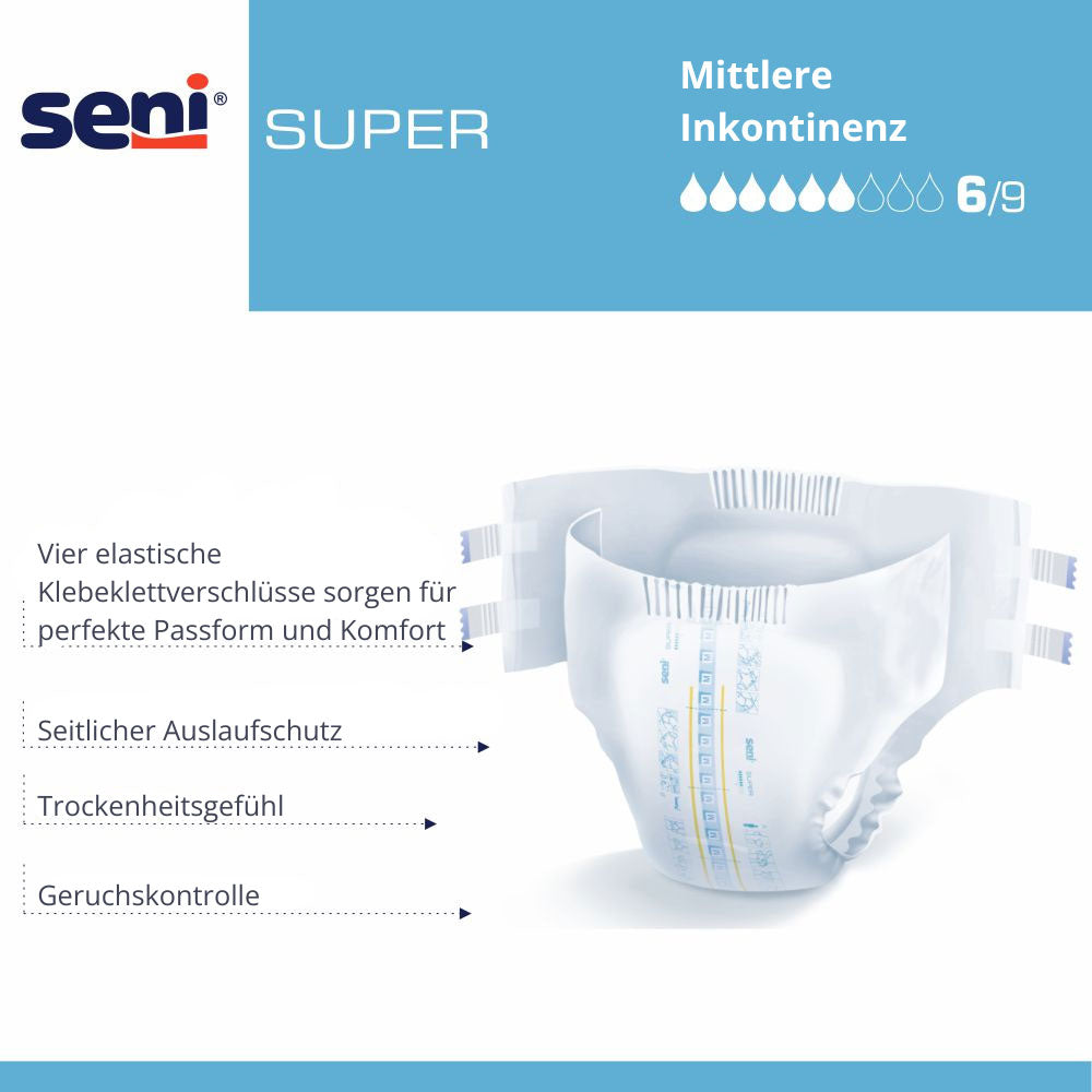 Detailansicht der Seni Super Windel mit Funktionshinweisen: vier elastische Klettverschlüsse für guten Sitz, seitlicher Auslaufschutz, Trockenheitsgefühl und Geruchskontrolle. Oben rechts ist die Saugstärke von 6/9 Tropfen für mittlere Inkontinenz angegeben.