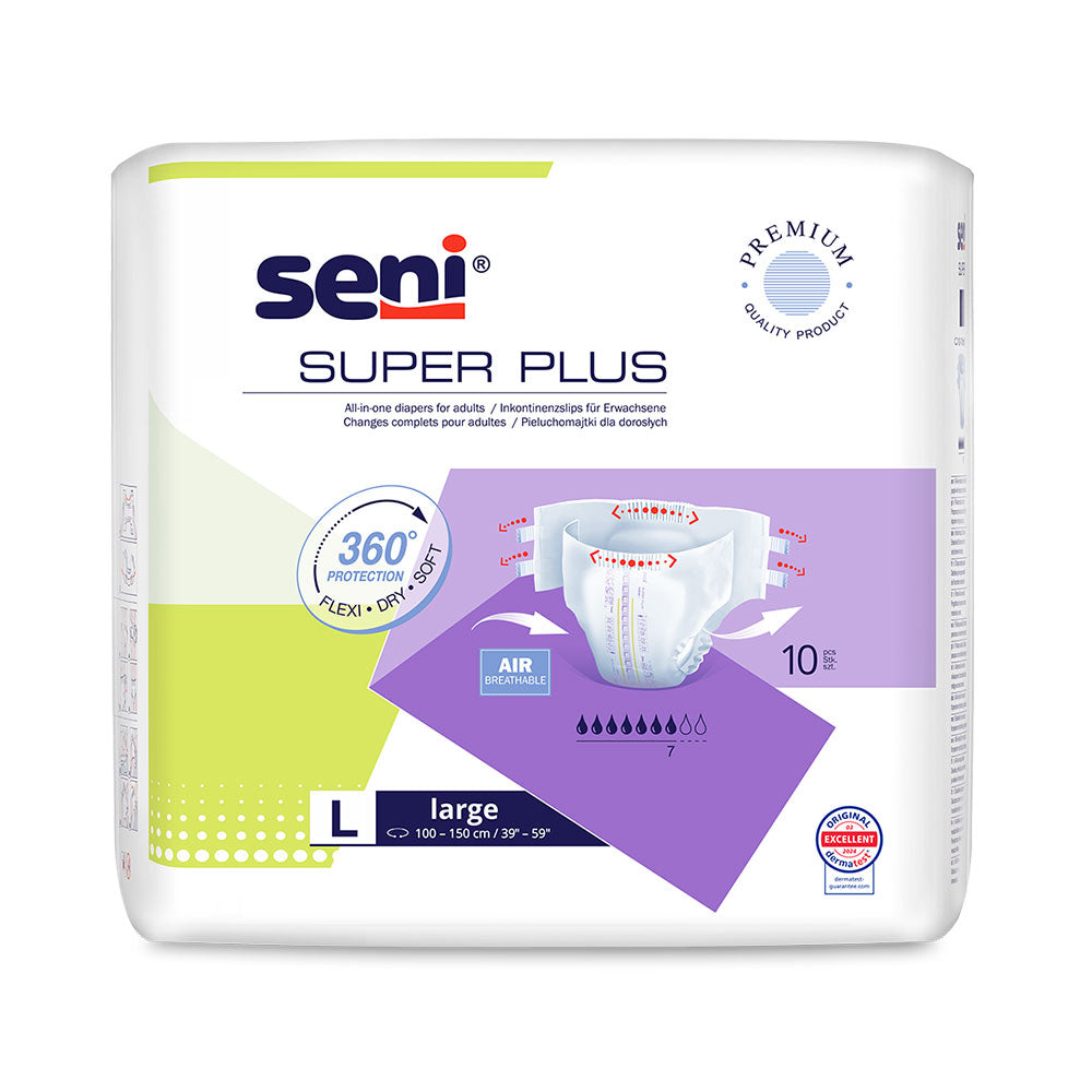 Ein Paket mit Inkontinenzprodukten der Marke Seni, speziell die Super Plus Large Variante. Die Vorderseite des Pakets zeigt eine ansprechende, grafische Darstellung mit dem Schriftzug „Seni Super Plus Large“ und Informationen zu der Produktausführung. Die Farben der Verpackung sind hauptsächlich Blau und Weiß, mit einem klaren, professionellen Design. Zu sehen sind auch Symbole, die auf hohe Saugfähigkeit und Komfort hinweisen.