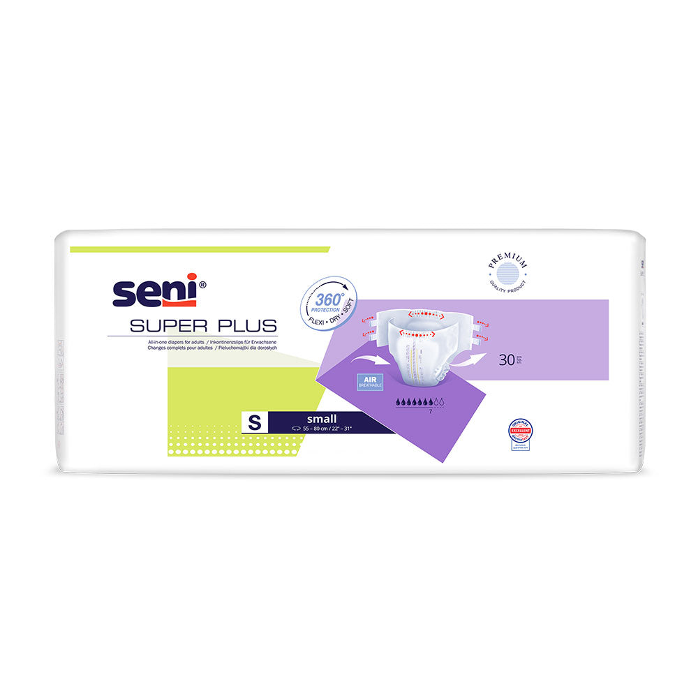Ein Paket mit Seni Super Plus Windeln in der Größe Small wird abgebildet. Die Verpackung ist in hellen Farben gestaltet, hauptsächlich in Blau und Weiß, und zeigt eine abgebildete Silhouette eines glücklichen, aktiven älteren Mannes, der die Windeln nutzt. Die Vorderseite des Pakets hebt die Schutzstufen und den Komfort der Windeln hervor, während das Logo “Seni” klar sichtbar ist. Das Design vermittelt ein Gefühl von Sicherheit und Verlässlichkeit für die Nutzer.