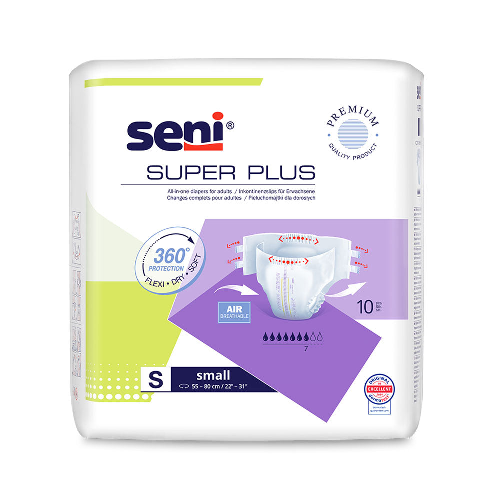 Das Bild zeigt eine Verpackung von „Seni Super Plus“ Inkontinenzprodukten in der Größe Small. Die Verpackung ist in einem dominanten Blauton gehalten und trägt das Produktlogo sowie die Bezeichnung „Super Plus“ deutlich sichtbar auf der Vorderseite. Es sind zusätzliche Informationen zu Saugfähigkeit und Größe angebracht. Die Packung ist offen, sodass einige der Inkontinenzslips leicht sichtbar sind. Diese sind weiß und mit einem speziellen Schutzsystem ausgestattet.