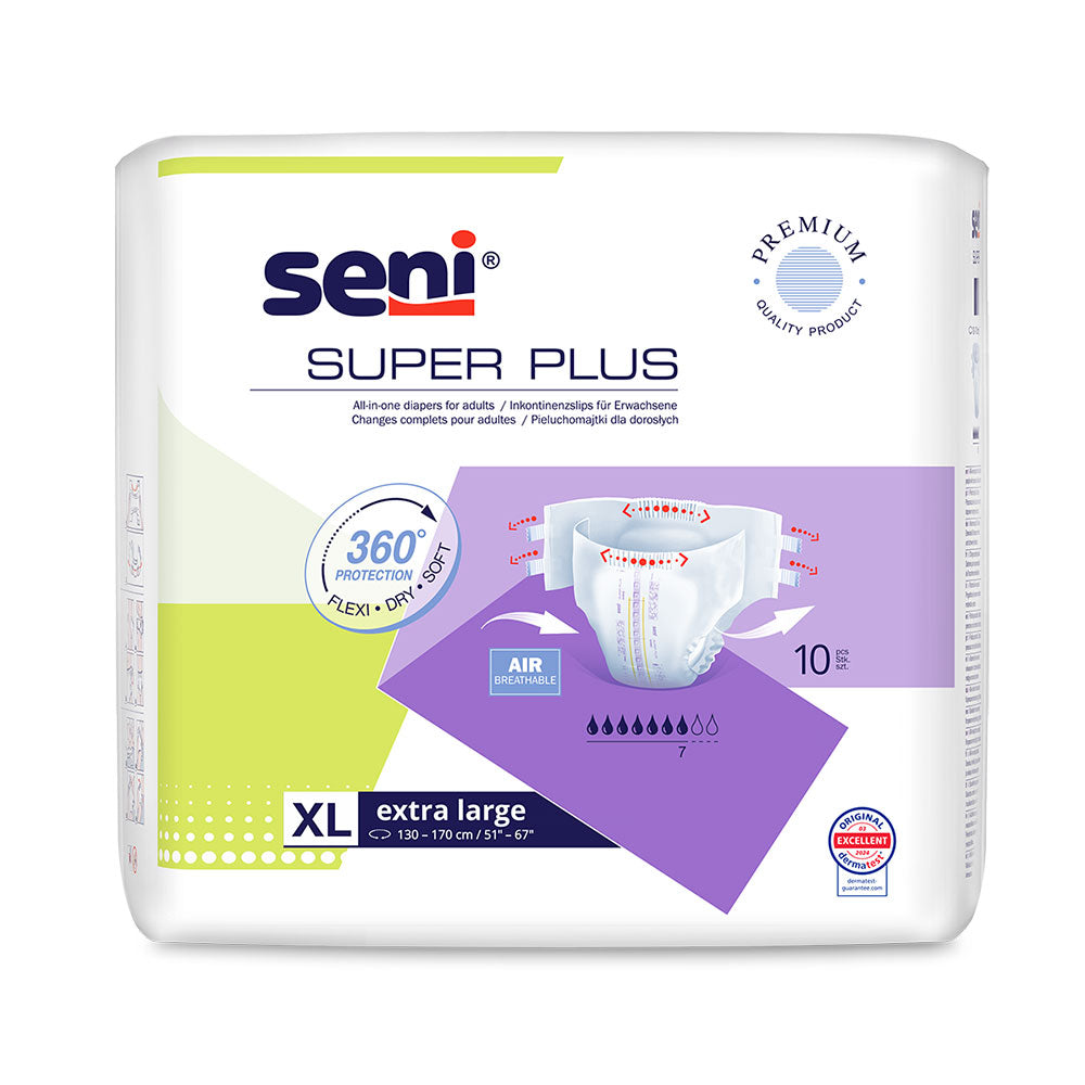 Auf dem Bild ist ein Paket der Seni Super Plus XL Inkontinenzhosen zu sehen. Die Vorderseite der Verpackung zeigt eine ansprechende Gestaltung mit der Abbildung eines lächelnden, aktiven älteren Paares, das Vertrauen und Lebensfreude ausstrahlt. Die Verpackung ist in Blau- und Weißtönen gehalten, mit Informationen über das Produkt, wie Größe und Absorption, gut lesbar angegeben.