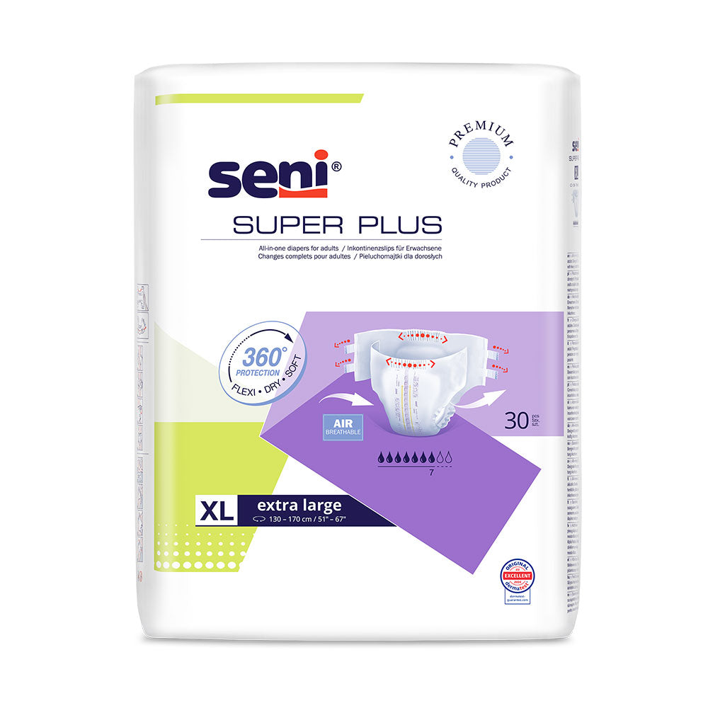 Ein Paket mit Seni Super Plus XL Inkontinenzunterwäsche ist auf dem Bild zu sehen. Die Vorderseite des Pakets zeigt das Produktdesign in sanften Farben mit Hauptinformation zur Größe und Saugstärke. Auf der linken oberen Ecke befindet sich das Logo von Seni. Das Paket ist sauber und ordentlich, mit einem transparenten Hintergrund, der die Unterwäsche ansprechend zur Geltung bringt.