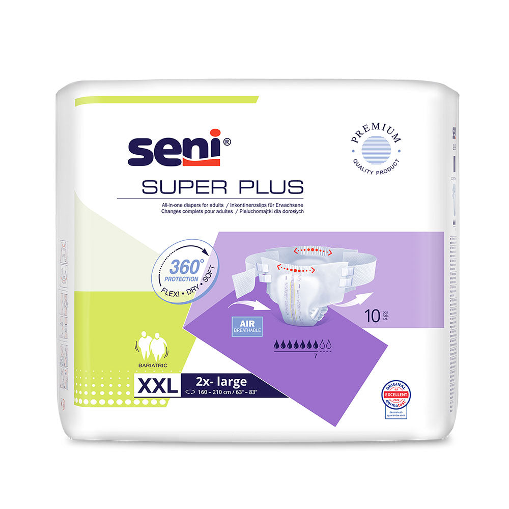 Das Bild zeigt eine Packung Seni Super Plus XXL Inkontinenzunterwäsche, die sich in einem weißen und blauen Design präsentiert. Die Vorderseite der Verpackung ist hellblau mit grafischen Elementen und dem Logo "Seni". Auf der Verpackung sind die Produktbezeichnung "Super Plus" sowie die Größe "XXL" deutlich sichtbar. Im Hintergrund ist ein dezenter Schatten zu sehen, der die Verpackung optisch hervorhebt. Die Verpackung ist geschlossen und zeigt eine handliche Form, die für den Transport geeignet ist.
