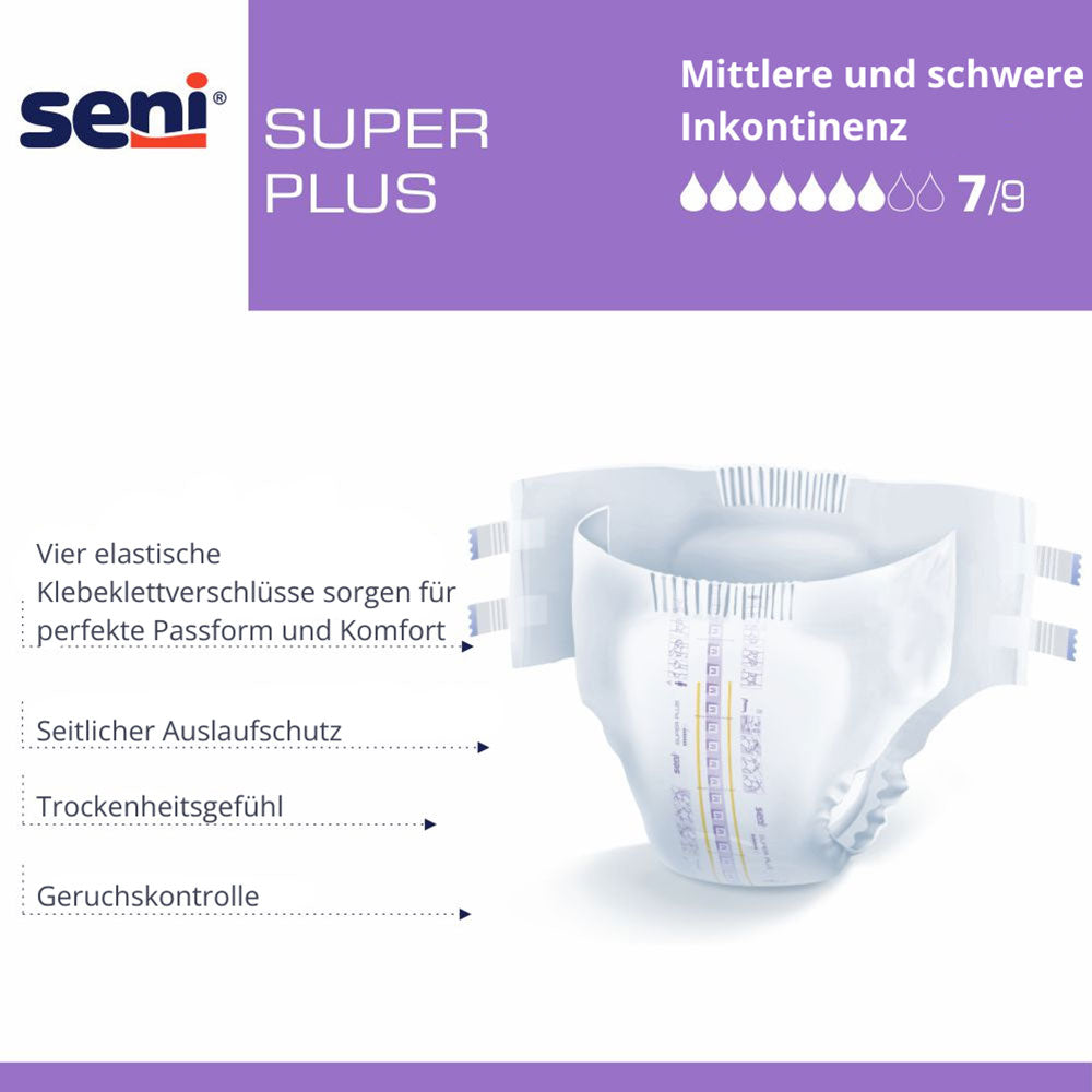 Das Bild zeigt eine Packung Seni Super Plus XXL Inkontinenzunterlagen. Die Verpackung ist größtenteils weiß mit farbigen Akzenten. Auf der Vorderseite sind große Schriftzüge wie „Seni Super Plus XXL“ und Informationen zur Saugfähigkeit sowie ein Hinweis auf die Größe abgebildet. Im Hintergrund sind beige und blaue Farbverläufe sichtbar. Die Broschüren auf der Seite informieren über die Anwendung und Vorteile der Unterlagen.
