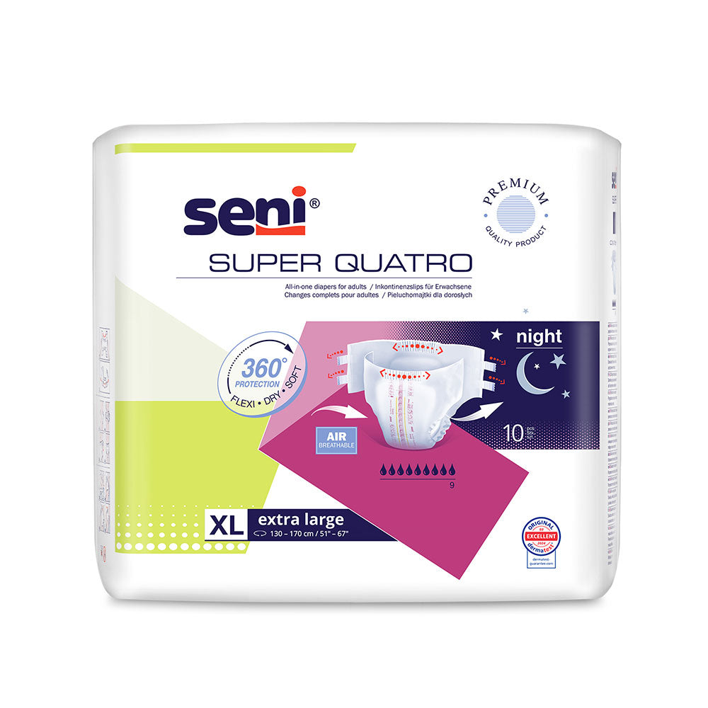 Super Quatro XL ist eine Packung von Inkontinenzprodukten für Erwachsene. Das Bild zeigt eine abgebildete Verpackung in hellen Farben, die prominent das Logo und die Marke anzeigt. Der Packungsinhalt wird durch verschiedene Symbole und Hinweise, wie z. B. Saugstärke und passende Körpergröße, hervorgehoben. Die Vorderseite der Packung bietet klare Informationen und eine benutzerfreundliche Handhabung.