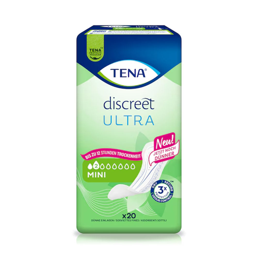 Frontalansicht einer Packung Tena Discreet Ultra Mini Inkontinenzeinlagen.
