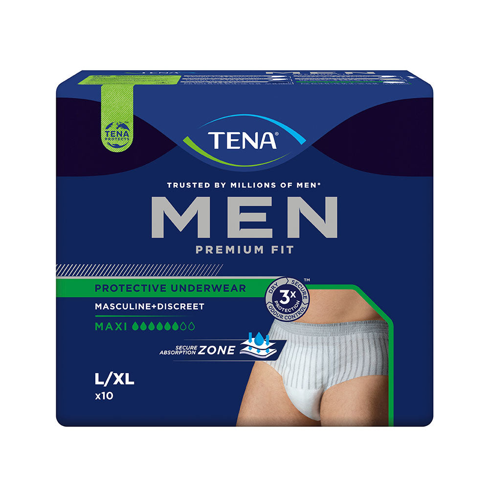 Frontalansicht einer Packung Tena Men Premium Fit Maxi L/XL.