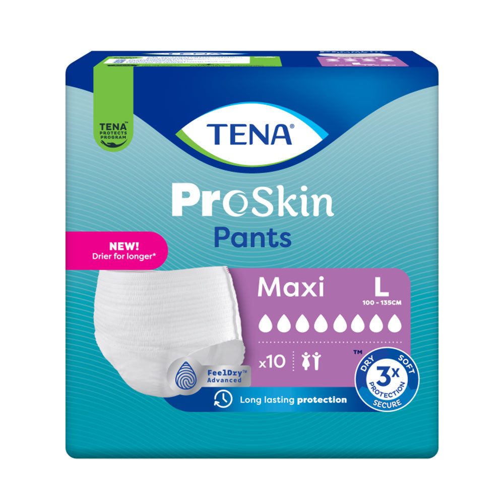 Frontalansicht einer Packung Tena Pants Maxi Large Inkontinenzhosen.