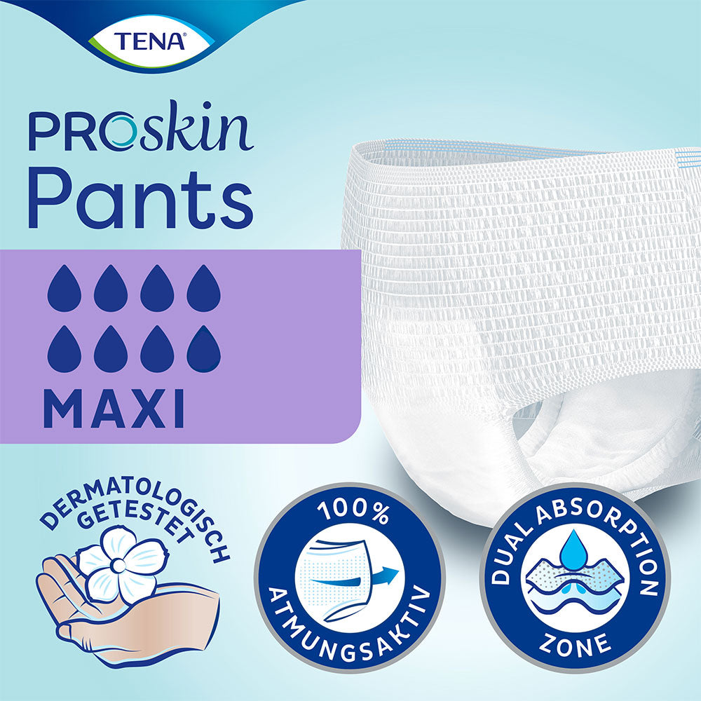 Frontalansicht einer einzeln entnommenen Tena Pants Maxi Large Inkontinenzhose mit folgenden Hinweisen: 8 von 8 Tropfen, dermatologisch getestet, 100% atmungsaktiv, Dual Absorption Zone.
