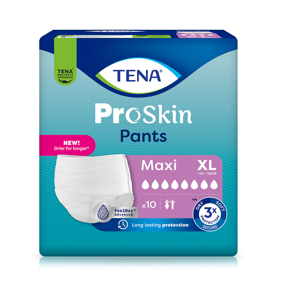 Frontalansicht einer Packung Tena Pants Maxi XL Inkontinenzhosen.