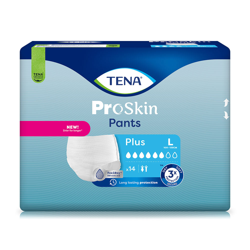 Frontalansicht einer Packung Tena Pants Plus Large Inkontinenzhosen.