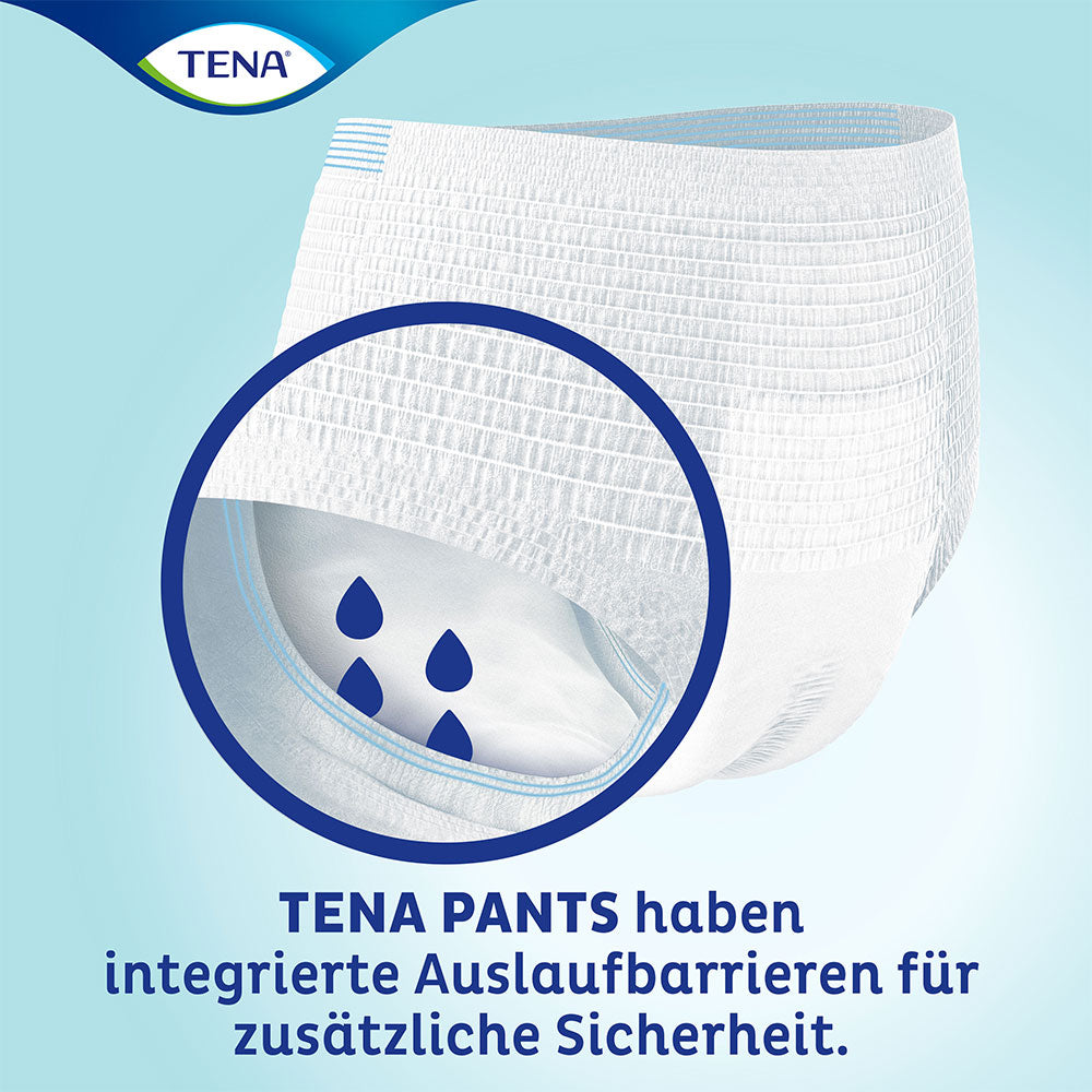 Nahaufnahme einer Tena Pants Super Large Inkontinenzhose mit Hinweis: Tena Pants haben integrierte Auslaufbarrieren für zusätzliche Sicherheit.