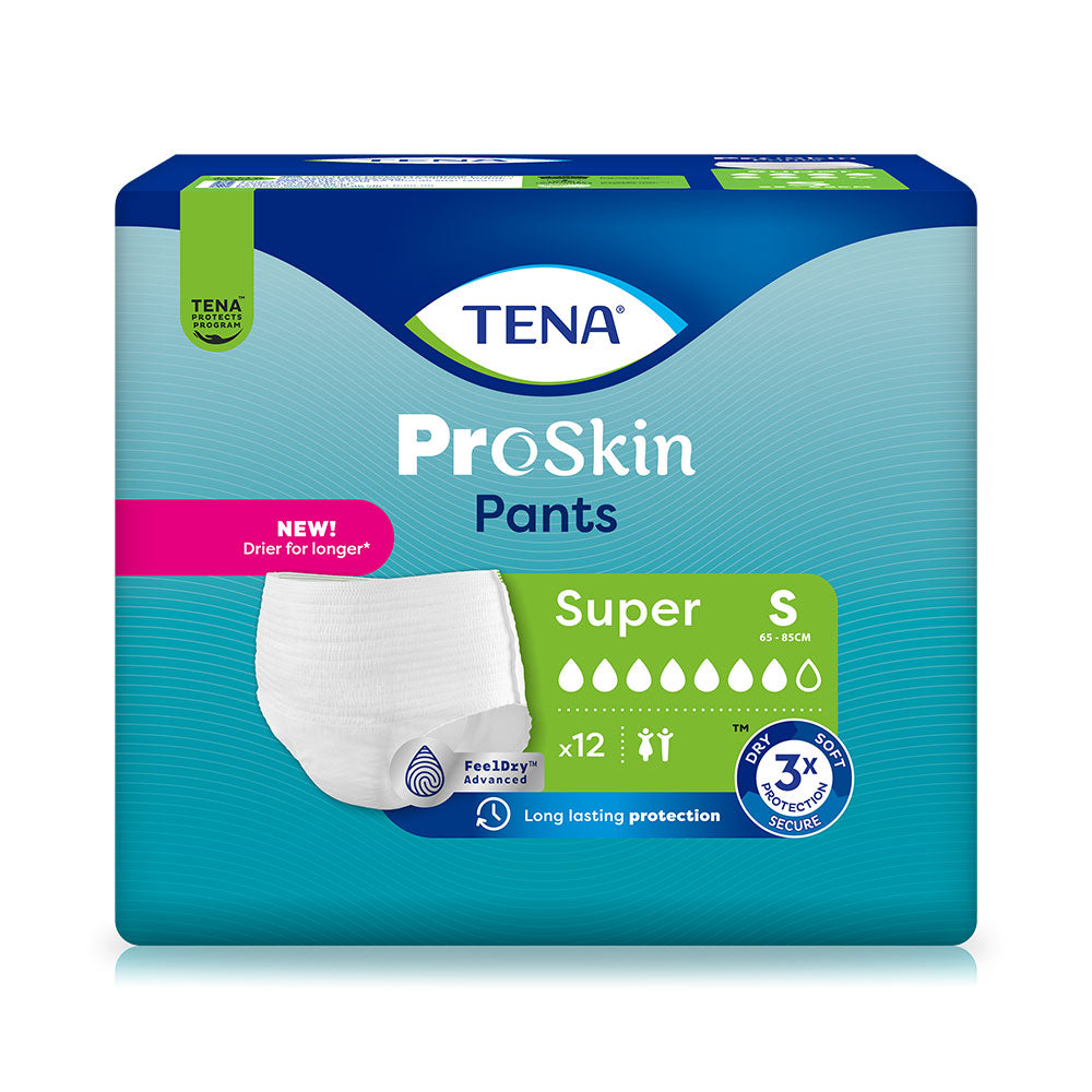 Frontalansicht einer Packung Tena Pants Super Small Inkontinenzhosen.