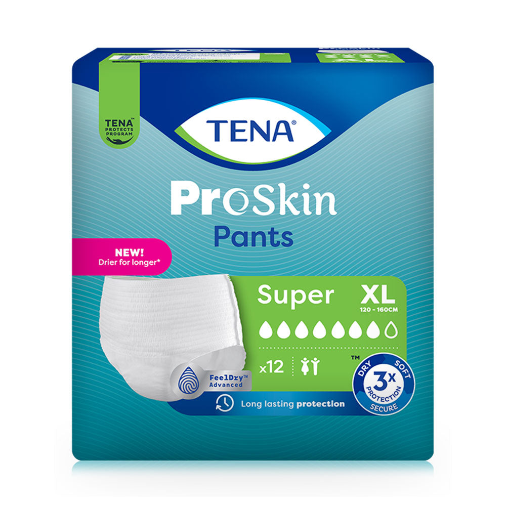Frontalansicht einer Packung Tena Pants Super XL Inkontinenzhosen.
