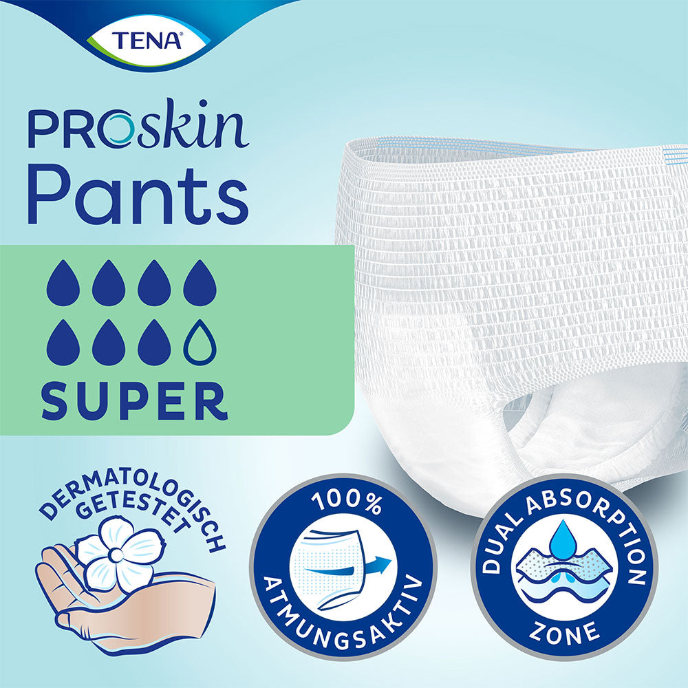 Frontalansicht einer einzeln entnommenen Tena Pants Super XL Inkontinenzhose mit folgenden Hinweisen: 7 von 8 Tropfen, dermatologisch getestet, 100% atmungsaktiv, Dual Absorption Zone.