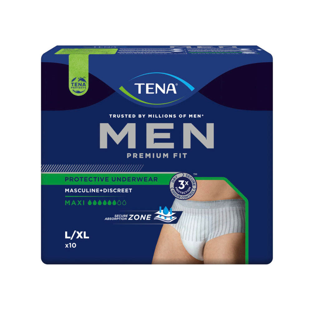Frontalansicht einer Packung Tena Men Premium Fit Maxi L/XL Inkontinenzunterwäsche.