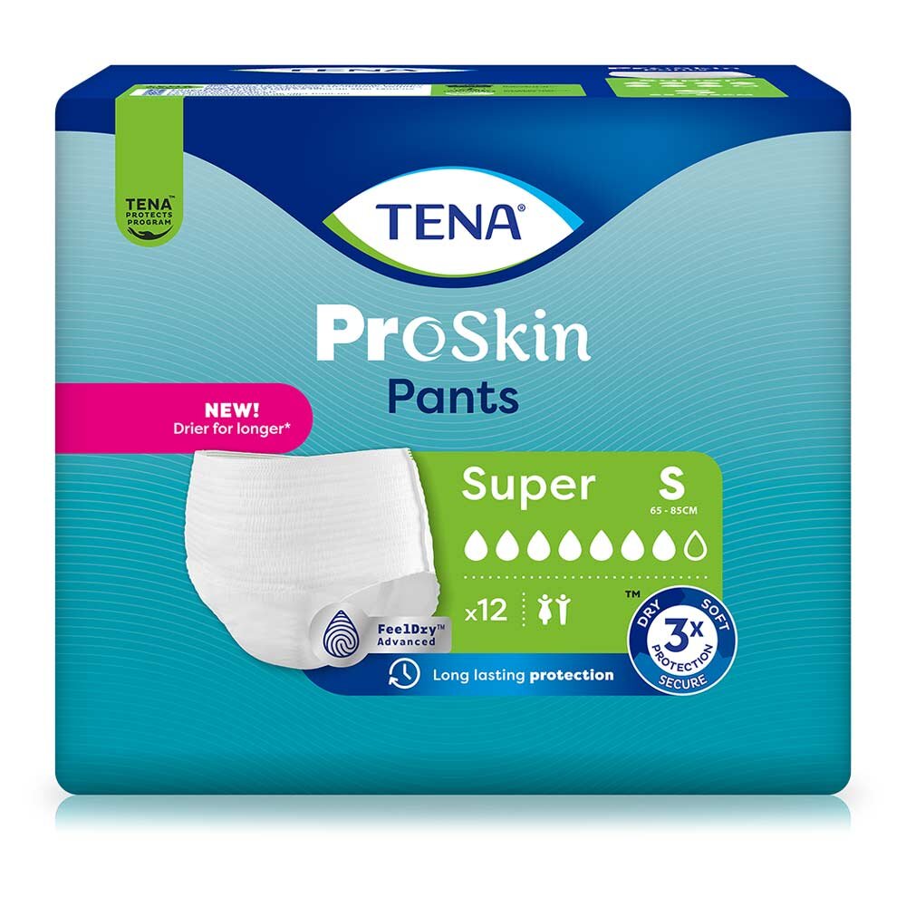 TENA ProSkin Pants Super in Größe S, eine Inkontinenzhose für Erwachsene, abgebildet auf einem weißen Hintergrund. Die Hose ist elastisch und bietet eine bequeme Passform, die wie normale Unterwäsche aussieht. Sie weist eine sanfte, hautfreundliche Oberfläche auf, die optimalen Komfort gewährleistet. Die Packung zeigt die Marke TENA sowie Informationen über die Größe (S) und die Super-Variante, die für zusätzliche Saugfähigkeit sorgt.