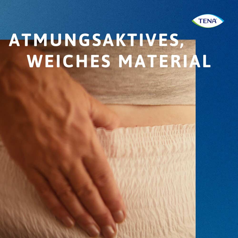 TENA ProSkin Pants Super S sind hochwertige Inkontinenzhosen, speziell entwickelt für maximale Sicherheit und komfortable Passform. Die Hose ist in einem sanften, hellen Farbton gehalten und zeigt elastische Bündchen, die für einen sicheren Sitz sorgen. Seitliche Öffnungen ermöglichen ein einfaches An- und Ausziehen. Die Oberfläche ist weich und atmungsaktiv, während die innere Schicht Feuchtigkeit von der Haut ableitet.