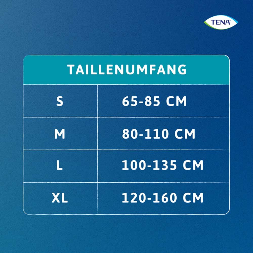 Produktbild eines TENA ProSkin Pants Super S Produkts. Im Mittelpunkt steht eine Packung mit 14 Inkontinenz-Hosen, die speziell für Damen konzipiert sind. Die Hosen sind in klassischem Weiß gehalten und repräsentieren eine anatomische Form für optimalen Tragekomfort. Auf der Verpackung sind große, deutlich lesbare Schriftzüge sichtbar, die die Produktbezeichnung sowie die Angabe "Super S" hervorheben.