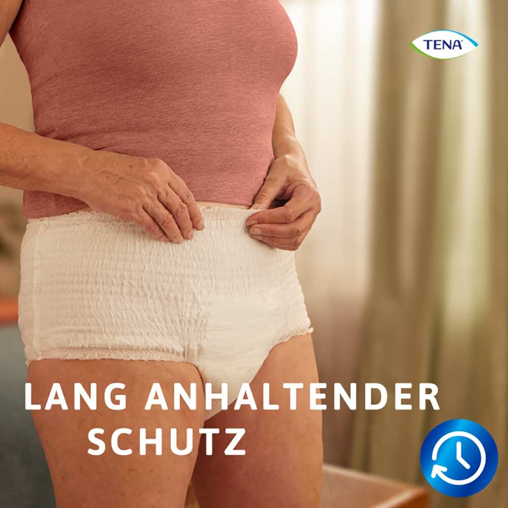 Bildbeschreibung: Das Produktbild zeigt eine Packung TENA ProSkin Pants Super in der Größe S. Die Packung ist vor einem hellen Hintergrund platziert und zeigt eine klare Sicht auf das Produktdesign, einschließlich der dreidimensionalen Darstellung der Pants, die leicht geöffnet ist, um den inneren Inhalt zu zeigen. Auf der Vorderseite sind die Markenbezeichnung, der Produkttyp sowie der Hinweis auf die Größe S und die Absorptionsstärke deutlich gedruckt.
