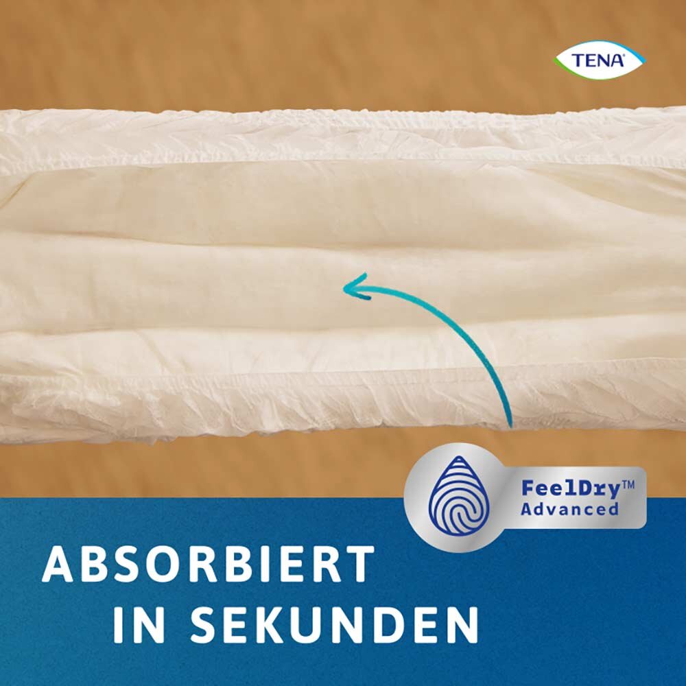 Bilder zeigt eine Packung TENA ProSkin Pants Super in Größe S. Die Verpackung ist in einem hellen Farbton mit den Hauptfarben Blau und Weiß gestaltet. Auf der Vorderseite sind Abbildungen von der Produktverpackung zu sehen, begleitet von den wichtigsten Produktmerkmalen wie „Super“ und „Hautfreundlich“. Die Verpackung hebt die Atmungsaktivität und den zuverlässigen Schutz der Pants hervor. Im Hintergrund sind abstrakte grafische Elemente, die mit Pflege und Schutz assoziiert werden, platziert.