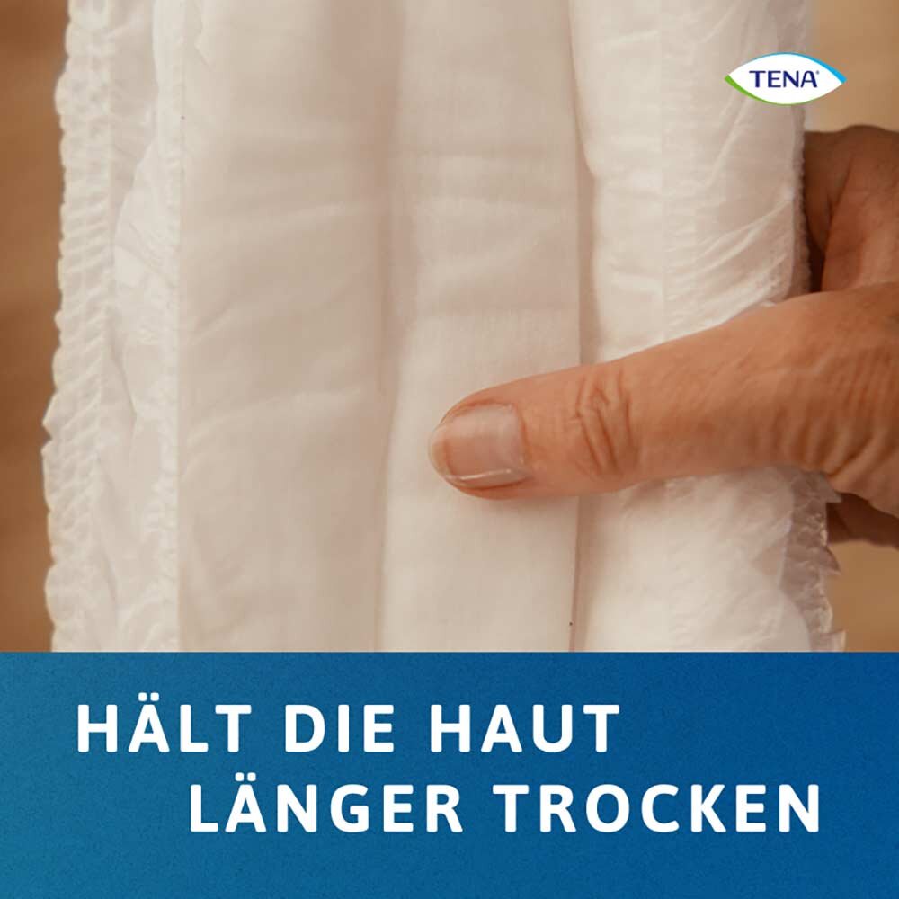 TENA ProSkin Pants Super S sind hochwertige, atmungsaktive Inkontinenzhosen für Erwachsene. Das Bild zeigt eine Packung mit mehreren Hosen in einer ansprechenden, schlichten Gestaltung. Die Hosen sind in einer hellen Farbe gehalten und weisen elastische Bündchen für eine optimale Anpassung an den Körper auf. Auf der Verpackung sind Informationen zu Größe, Saugkraft und Verwendung abgebildet.