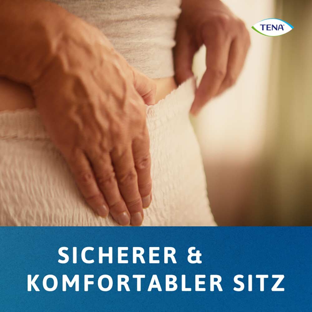 Hochwertige, saugfähige Inkontinenzhose für Erwachsene in der Größe S, präsentiert auf einem weißen Hintergrund. Die Hose ist in einem sanften Blau und bietet einen elastischen Bund für bequemen Sitz. Die leicht transparenten Bereiche zeigen eine atmungsaktive Oberfläche, die für erhöhten Tragekomfort sorgt. Die Verpackung zeigt das Produktlabel mit der Aufschrift „TENA ProSkin Pants Super“ sowie Hinweise zur Saugfähigkeit und Größe.