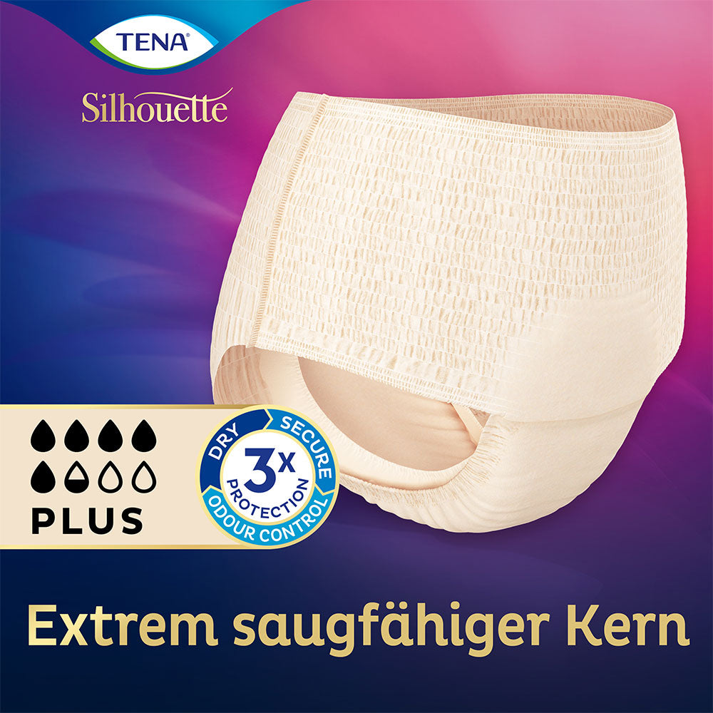 Frontalansicht einer einzeln entnommenen Tena Silhouette Plus Creme Inkontinenzhose mit Hinweis auf extrem saugfähigen Kern.
