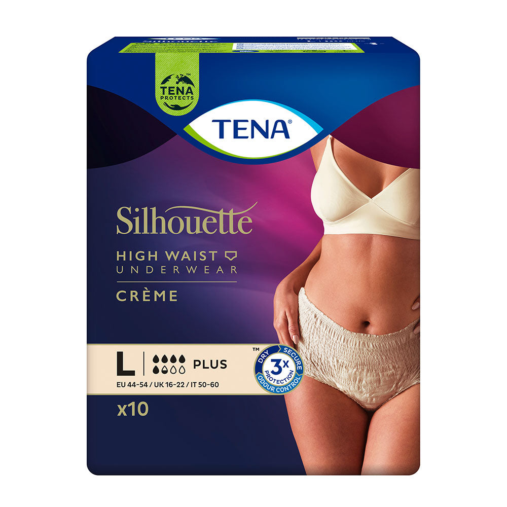 Frontalansicht einer Packung Tena Silhouette Plus Creme L.