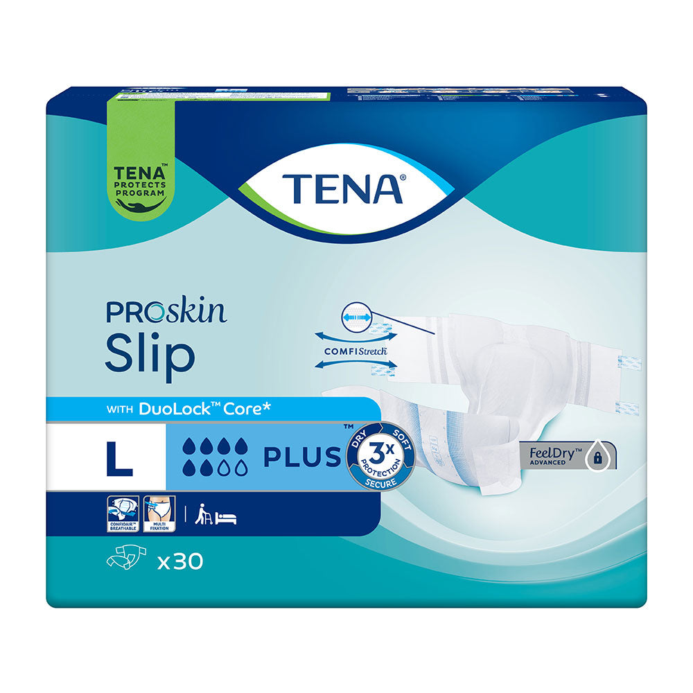 Frontalansicht einer Packung Tena Slip Plus Large Inkontinenzslips.