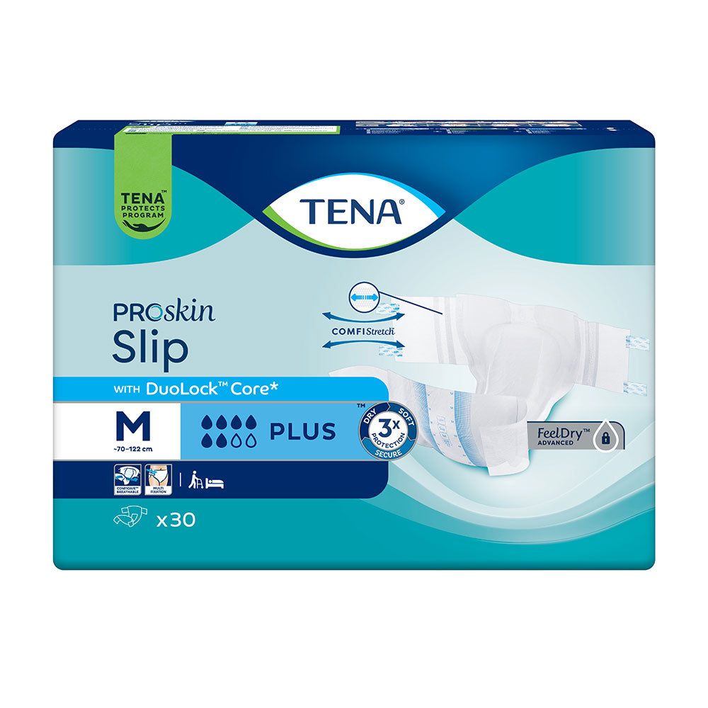 Frontalansicht einer Packung Tena Slip Plus Medium Inkontinenzslips.
