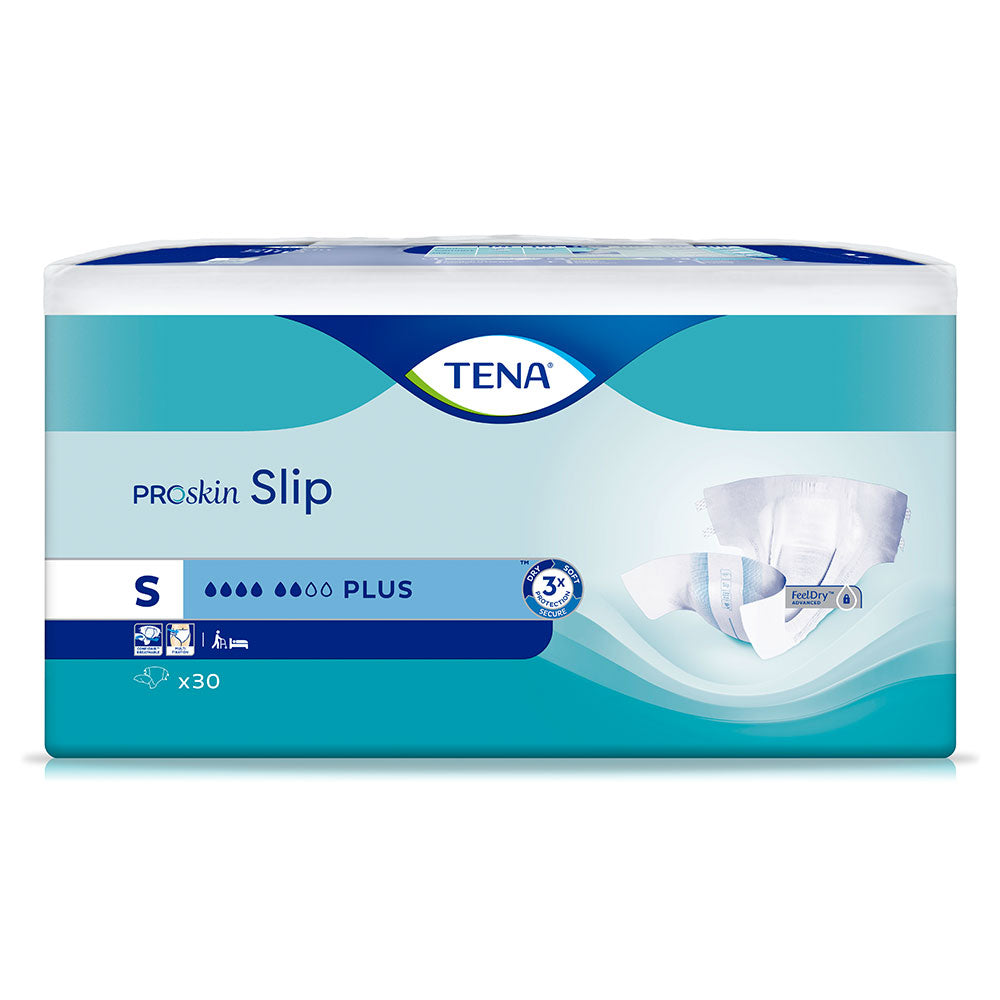 Frontalansicht einer Packung Tena Slip Plus Small Inkontinenzslips.