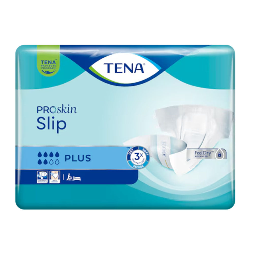 Ein Paket mit TENA Slip Plus Inkontinenzslips in der Größe Small. Die Vorderansicht des Pakets zeigt eine ansprechende, grüne Farbgebung mit klaren Produktbezeichnungen und Grafiken. Das Produkt ist speziell für Erwachsene gedacht und bietet Komfort und Sicherheit bei Inkontinenz. Es sind zusätzliche Informationen auf der Verpackung zu sehen, die die absorbierenden Eigenschaften und den Einsatzbereich erläutern.