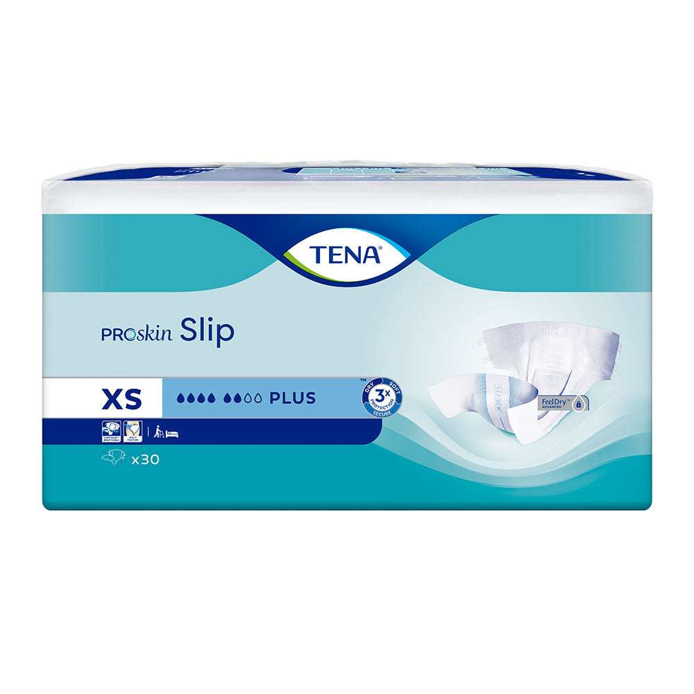 Frontalansicht einer Packung Tena Slip Plus XS.