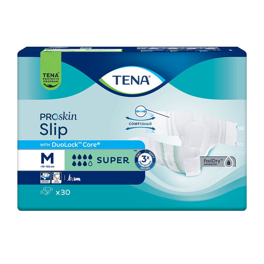 Frontalansicht einer Packung Tena Slip Super Medium Inkontinenzslips.