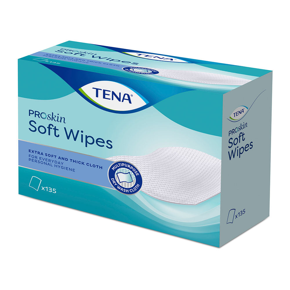 Frontalansicht einer Packung Tena Soft Wipes 30 x 32 cm Pflegetücher.