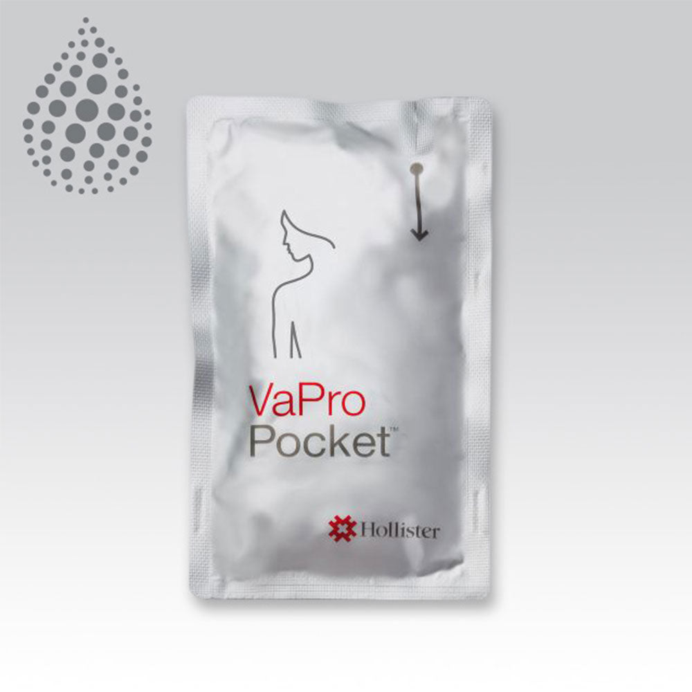 Frontalansicht der Verpackung des VaPro Pocket Einmalkatheters für Frauen.